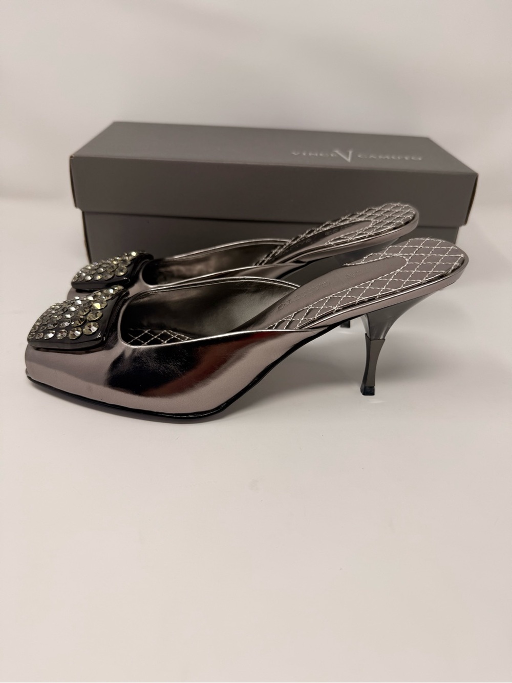 Vince Camuto Pewter Crystal-Embellished Slide Mules